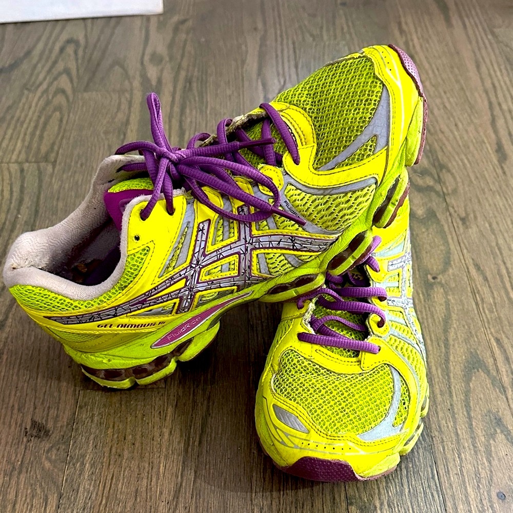 ASICS Women's Gel Nimbus 15 Yellow and Purple Running Shoes Sneakers 9
